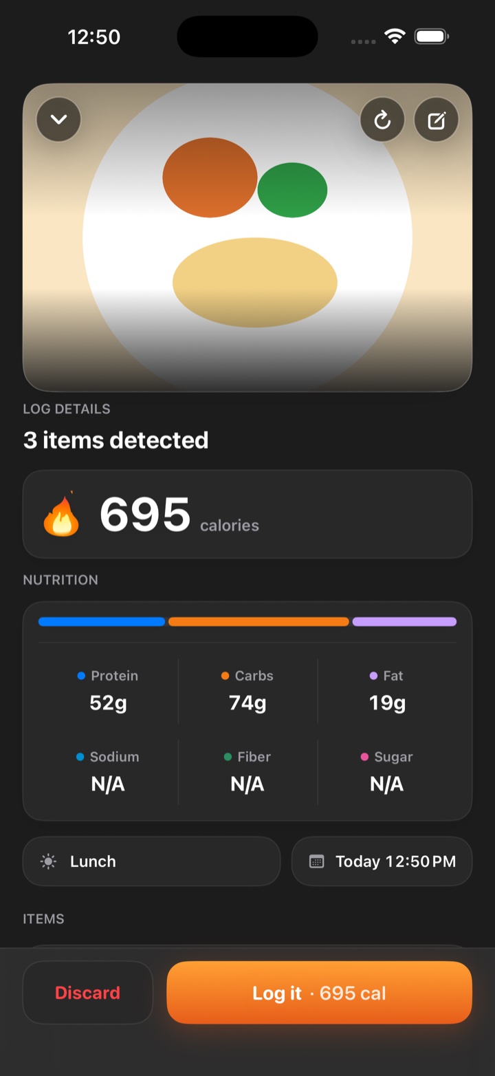 The TypeCal camera log screen: three items detected totaling 695 calories, with 52 grams protein, 74 grams carbs, 19 grams fat, and Discard or Log it actions.