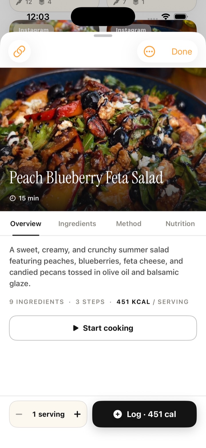 TypeCal's recipe detail sheet for a peach, blueberry and feta salad with a hero photo and a 'Log · 451 cal' button.