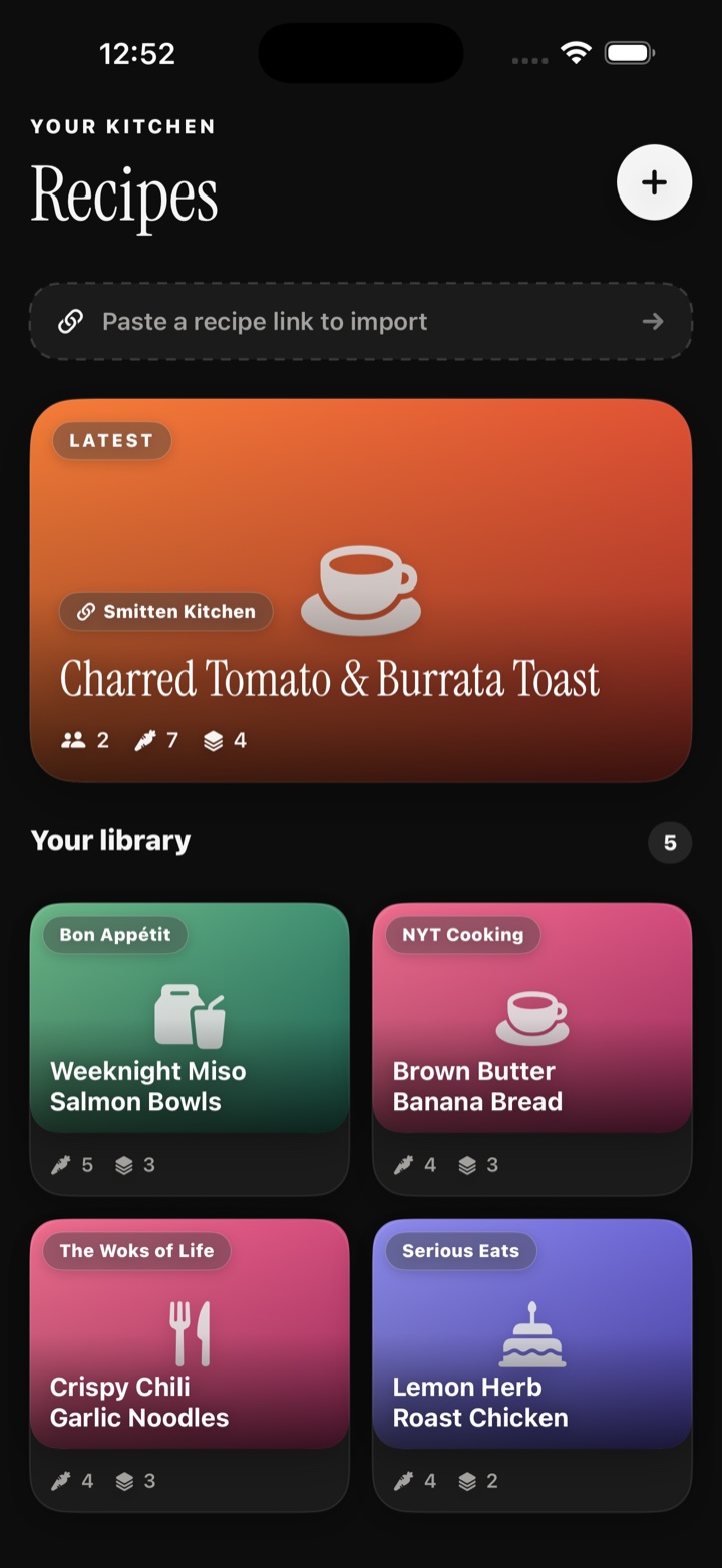 TypeCal's recipe library with a paste-a-link import bar and colorful saved recipe cards