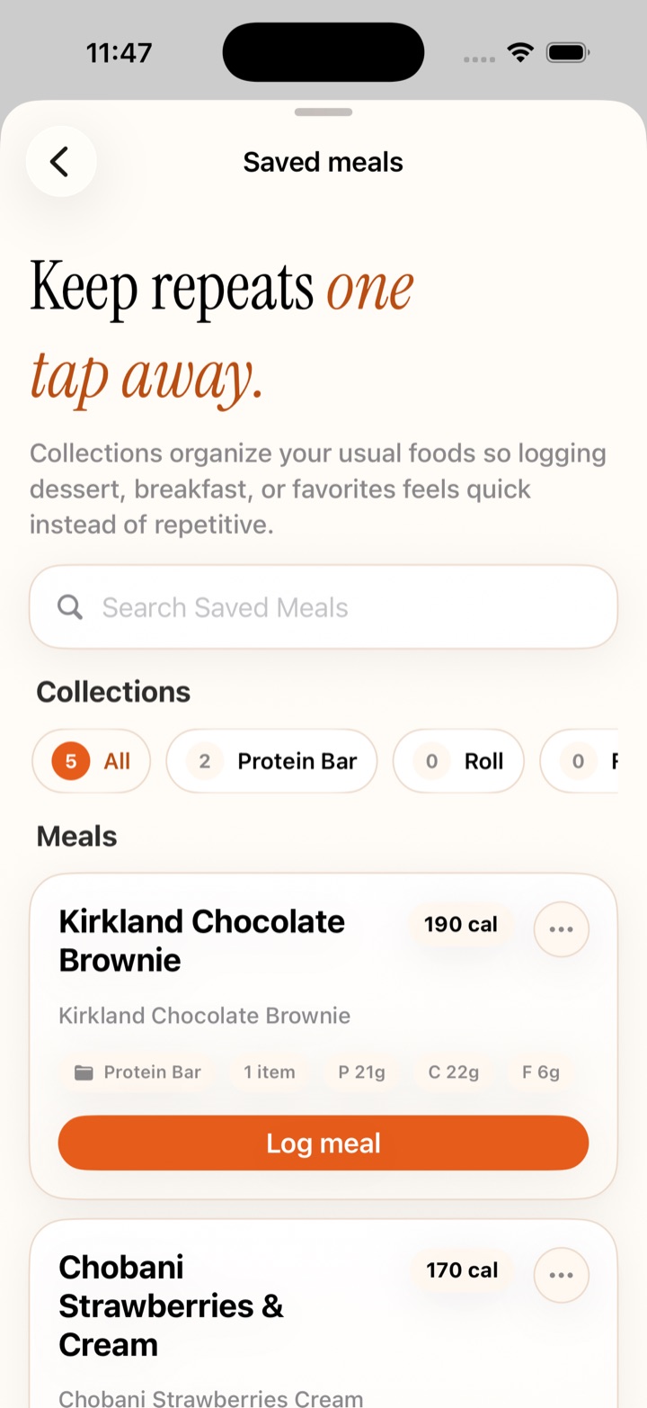 TypeCal's saved meals screen titled 'Keep repeats one tap away' with collections and a saved brownie ready to log.
